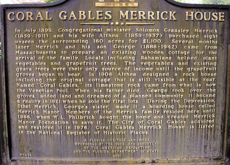 Placa com história da Merrick House em Coral Gables em Miami